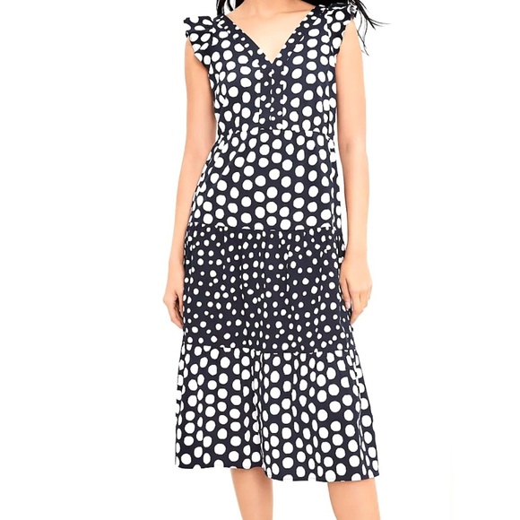 LOFT Size XXSP Navy Blue White Dotted Flutter Sleeve V Neck Midi Dress Tiered - Picture 1 of 7